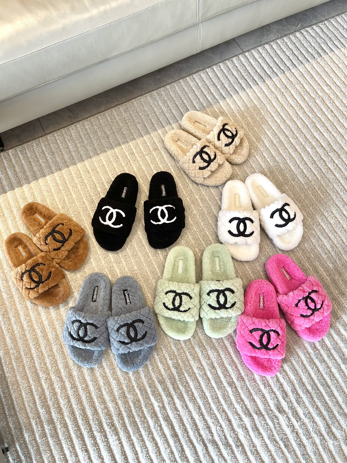 Chanel faux fur shearling embroidered logo slides slipper shoe